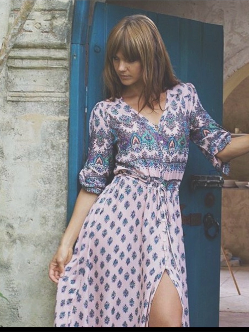 Le salty label Printed Pink Boho Maxi Dress with Side Slit